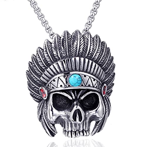 Pendentif tête de mort chef indien aux détails sculptés punk