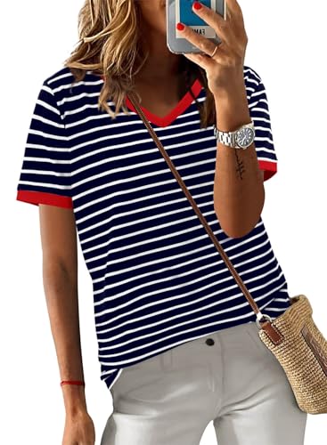 ONLYSHE Womens Short Sleeve Shirts Casual Crewneck Tops Tshirt Basic Tees Summer Fashion Strpied Clothes Outfits Tunic