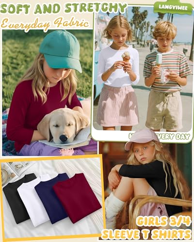Image of 4 Pack Girls 3 /4 Sleeve T Shirts Kids Crewneck Elbow Sleeve Casual Tops Solid Basic Cute Teen Tees 5-14Y
