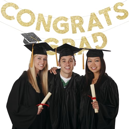 Image of Congrats Grad Banner Gold Glitter Pre-Strung Congrats Grad Sign - 8ft -No DIY - Graduation Party Decorations for Class of 2026 Graduation Decorations