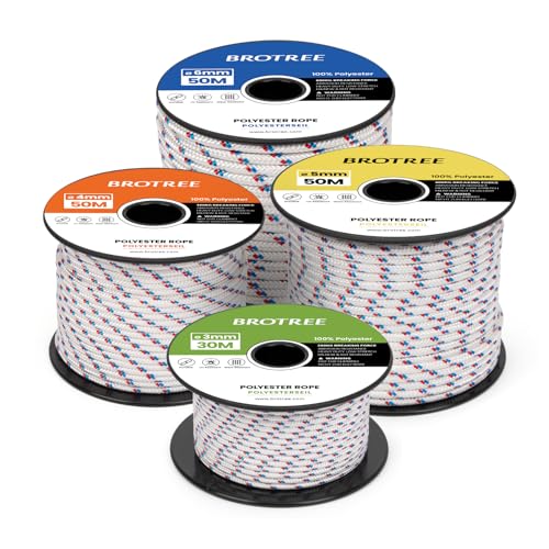 Brotree Corde de Polyester 3mm x 30m Blanc/Bleu/Rouge - Cordage Tresse Nautique pour Extrieur, Amarrage, Bateau, Jardin - 200KG Charge de Rupture