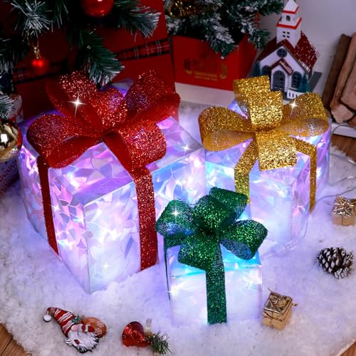 Set of 3 Lighted Gift Boxes Christmas Decorations - Christmas Lighted Gift Boxes Light up Xmas Present Ornament for Tree Indoor Outdoor Yard Holiday Door(Crystal)