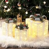 Lighted Gift Boxes Christmas Decoration, Set of 3 Light up Present Boxes Ornament Prelit LED Christmas Decoration Outdoor Present Gift Box for Holiday Indoor Xmas Tree Decor (Gold)