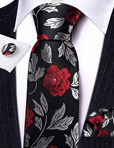 Image of Barry.Wang Flower Ties for Men Handkerchief Cufflinks Set Wedding Necktie Set Party