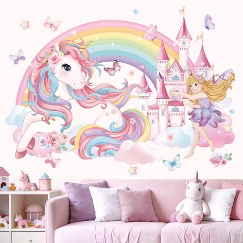 wondever Stickers Muraux Licorne Arc en Ciel Muraux Mural Stickers Fille Château Papillon pour Chambre Enfants Fille Bébé Pépinière