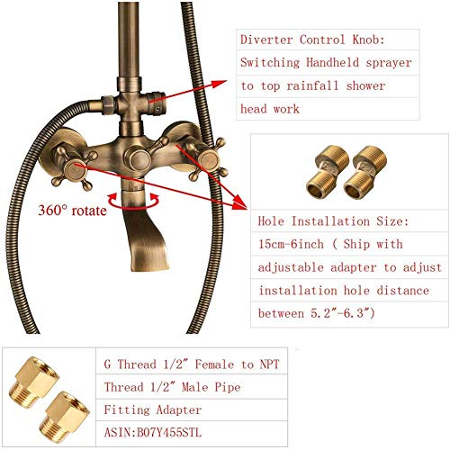 Rozin Bathroom Rainfall Shower Tub Faucet Set 8-inch Top Showerhead + Handheld Spray Antique Brass