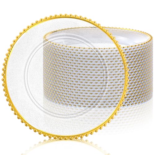 Hoolerry 12 Pack Clear Charger Plates Bulk 13 Inch Plastic Round Beaded Dinner Chargers Acrylic Frosted Grain Decorative Service Plates for Wedding Party Event, Home and Kitchen Tabletop (Gold)