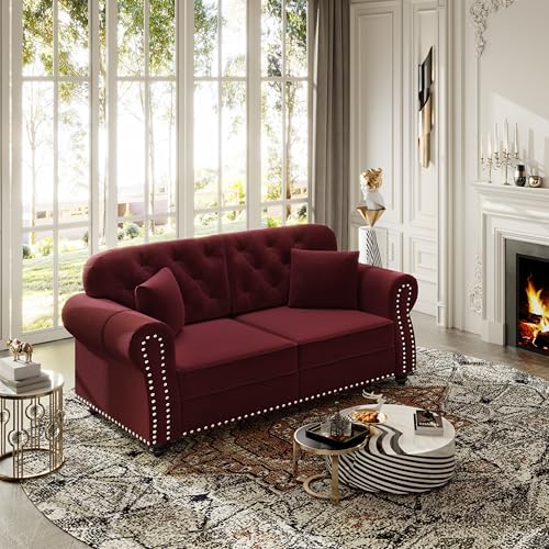 Image of KEIKI 63 inch Velvet Chesterfield Sofa with Rolled Arms & Nailhead Trim, Modern Upholstered 2-Seater Button Tufted Couch with High Resilience Cushion & 2 Pillow, Easy Assembly, for Living Room, Burgundy