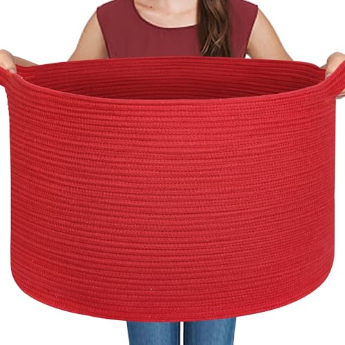 Image of MEGASKET Extra Large Red Basket for Organizing, 22 inch X 22 inch X 14 inch Woven Cotton Rope Bins for Blankets, Baby Nursery Wicker Laundry Basket, Kids Dog Toy Storage Box, Big Red Living Room Decor Organizer