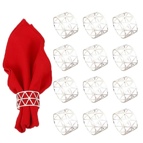 aoozleny 12PCS Napkin Rings, Metal Hollow Triangle Tableware Table Napkin Ring Napkin Holders for Dining, Anniversary, Christmas, Halloween, Thanksgiving Party of Hotel Banquet Table Setting (Silver)