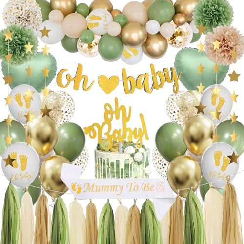 Decoração Baby Shower menino menina, decoração batismo verde dourado com balões Baby Shower, bandeira Oh Baby e faixa futura mãe para decoração festa revelação sexo