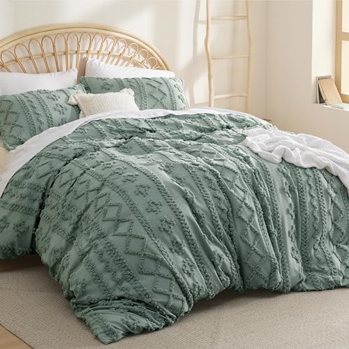 Image of Bedsure Boho Duvet Cover Queen Size, Soft & Comfortable Elegant Design Boho Bedding for Decoration, Machine Washable Comforter Cover for All Seasons,Includes 1 Duvet Cover & 2 Pillow Shams,Sage Green