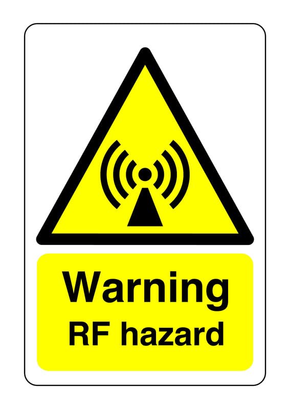 Warning RF hazard sign - 1.2mm Rigid plastic for indoor/outdoor usage (400mm x 300mm) Viewing Distance within 14m.