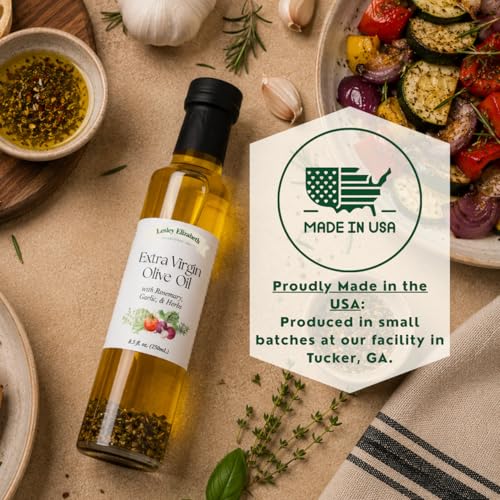 Image of Lesley Elizabeth Extra Virgin Olive Oil with Rosemary, Garlic & Herbs, 8.5 fl oz - Small-Batch Herb-Infused EVOO for Dipping, Roasting, Marinades & Everyday Cooking - All-Natural, Plant-Based Ingredients