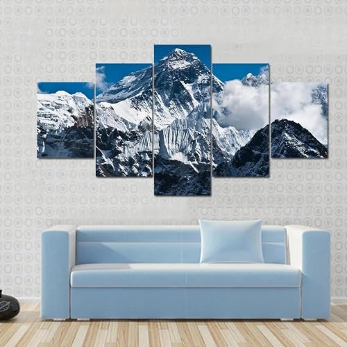 Tableau Pic de l'Everest 5 parties avec cadre en toile premium ANLIONE pour salon élégant