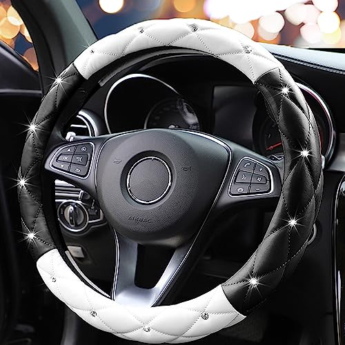 Image of YOGURTCK Cute Diamond Soft Leather Anti-Slip Steering Wheel Cover with Bling Bling Crystal Rhinestones, Universal 15 Inch for Women Girls, Fit Vehicles, Sedans, SUVs, Vans, Trucks - Black and White