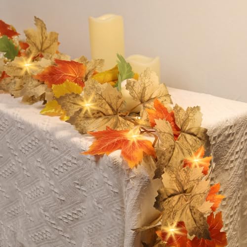 Image of Fall Garland with Lights, 5.6FT Lighted Fall Leaves Garland with Pumpkins, Battery Powered Maple Leaf Decorations for Home, Thanksgiving Fall Decorations Fireplace Proch Indoor, Timer