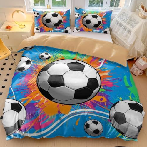 Juego de funda de edredón con diseño de balón de fútbol de arte pop vibrante, juego de ropa de cama de microfibra suave para decoración de dormitorio (estilo 2, tamaño King, 240 x 220 cm + 65 x 65 cm