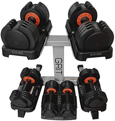 Grit Elite Gear Supreme Dumbbell Set: Adjustable Dumbbell Set of 11 to 55 lbs, 5 to 25 lbs, and 2.5 to 12.5 Adjustable Weights for Home Gym, Adjustable Free Weights Dumbbells Set + Dumbbell Stand