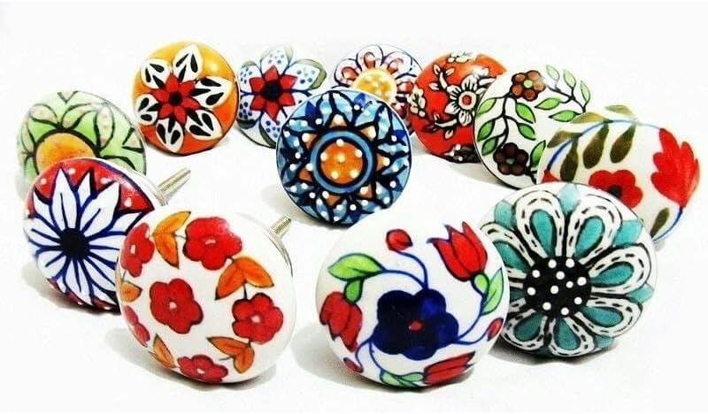 ATCUSA Set of 12 Multi Flower Ceramic Knobs in Multi Colored Hand Panting Work – Decorative Pulls for Drawers, Drawer knobs Cabinet, Dressers – Handmade Ornamental Handles in Design Vintage Design