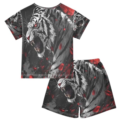ALAZA Tiger Animal Red Pajamas Set Short Sleeve Cotton Sleepwear Summer Pjs 2 Piece 5-14Y2