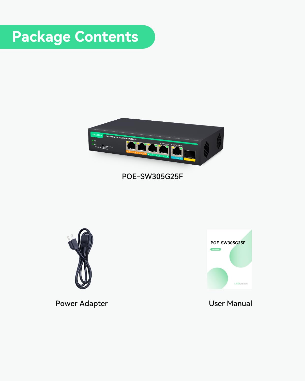 LINOVISION Switch PoE completo a 4 porte 2.5G con 1x 2.5GE e 1x 10G SFP Uplink, supporto porta 1-2 PoE alto 45W, budget PoE totale 100W