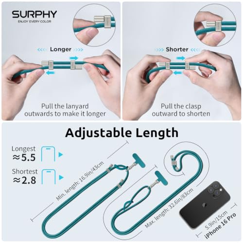 Image of SURPHY Phone Lanyard Crossbody, Phone Strap Crossbody with 2 Tether Tabs | Adjustable Cell Phone Lanyard, Anti Theft Phone Strap, Premium Metal Buckles, Universal Lanyard for Travel, Teal
