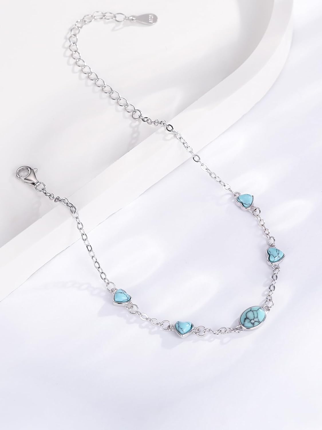 Turquoise Bracelet For Women 925 Sterling Silver Dainty Adjustable Heart Link Bracelet Turquoise Jewelry Gifts For Women - Image 2