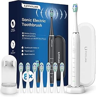 Sonic Electric Toothbrush for Adults and Kids with 8 Toothbrush Heads, Wireless Charging Base, PHYLIAN H15 Sonic Toothbrush with Toothbrush Holder, Tavel Case