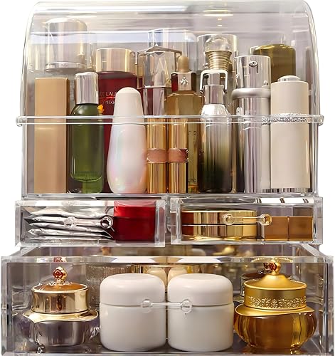 Image of Clear Large Acrylic Makeup Organizer With Lid Cosmetic Storage Drawers Portable Makeup Organizers Dustproof And Waterproof Box For Women (14in)