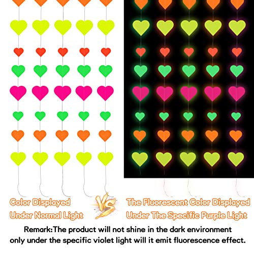 60Ft Neon Paper Love Heart Garland Colorful Hanging Paper Heart Streamer Glow In The Dark Birthday Party Photography Backdrops Black Light Party Favors #TOP3