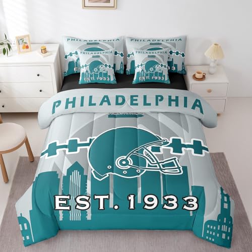 Erosebridal 7 Pcs Comforter Set King Size,Football Bed in a Bag with Flat Sheet and Fitted Sheet for Kids and Adults,Sports Fan Bedding Set with Pillowcases and Cushion Cases(Philadelphia)