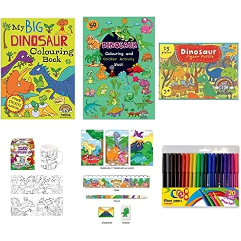 Anilas Mega Dinosaur Activity Set with Colouring, Sticker & Activity Books, Puzzle, Colouring Mug, Stationery & Felt Tip Pens (Perfect for Boys & Girls Ages 3-8) Cover