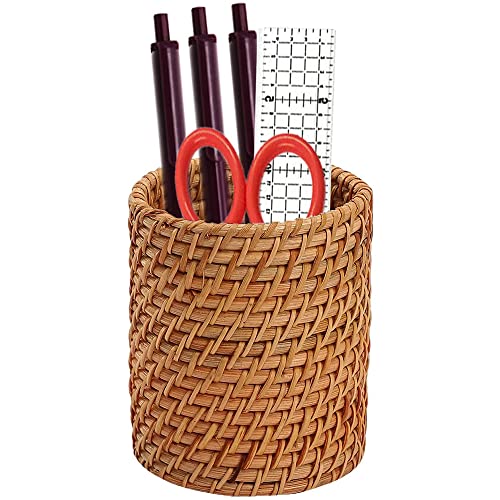 Portalápices De Ratán Natural Hecho a Mano, Portalápices Redondo, Portalápices Multifuncional Natural, Para Bolígrafos, Pinceles De Maquillaje, Flores, 10 cm * 7.5 cm (Color Madera) Cover