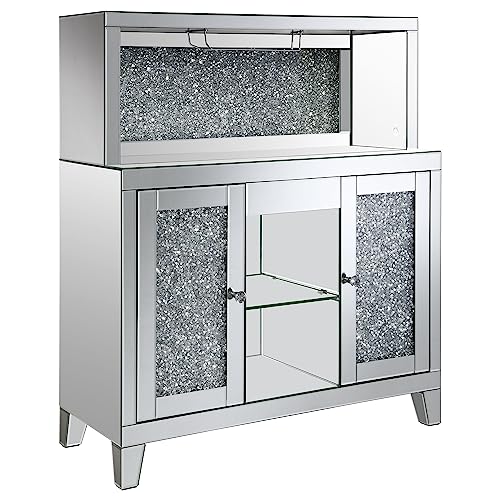 Coaster Home Furnishings - Yvaine - Wood & Mirror - 2-Door Wine Cabinet with Faux Diamond Doors and Crystal Knobs - Dining Room & Home Bar - Silver - 115585