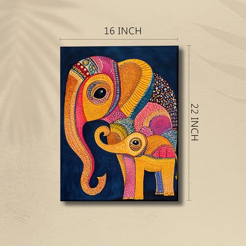 Image of PAINTINGMANTRA Gond Art of Elephants Wall Decor Print Multicolor | Canvas Painting Stretched on Wood | Suits For Living Room, Bedroom, Hallways (16x22 Inch)