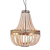 FIRVRE Bohemian Boho Natürlich HolzPerlen Deckenbeleuchtung E27 Loft französische Landschaft Kronleuchter Antike Decke Pendelleuchte für Schlafzimmer Küche Insel Esszimmer Wohnzimmer (Weiß)