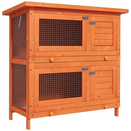 PawHut Clapier à Lapin Cage à Lapin Double Niveau Plateaux coulissants 4 Portes verrouillables Toit ouvrant 90L x 45l x 90H cm