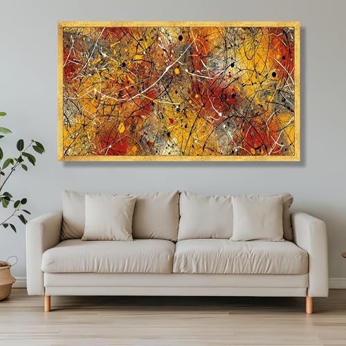 XINBAO Lienzo abstracto otoñal para pared, diseño moderno de pintura salpicada, decoración del hogar en rojo y amarillo, expresionismo contemporáneo (40 x 80 cm/marco interior)