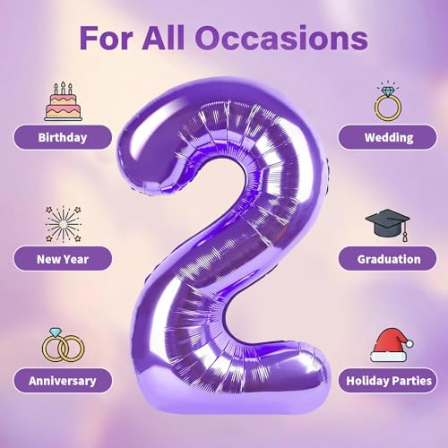 Image of Number Balloons for Birthday Decorations - 40 Inch Large Party Balloons 2, Purple Foil Number Balloons for Boys Girls, Balloons for Party Supplies