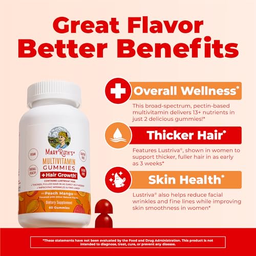Image of MaryRuth's Multivitamin + Hair Growth Gummies | with Lustriva | Biotin 10000mcg | B Vitamins | Formulated for Thicker Hair, Wrinkles, Fine Lines, Skin Care | Ages 18+ | 30 Servings