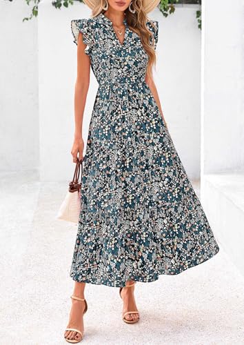 Image of PRETTYGARDEN Women's 2026 Summer Floral Midi Dress Cap Sleeve V Neck Ruffle Long Flowy Boho Casual Beach Vacation Dresses
