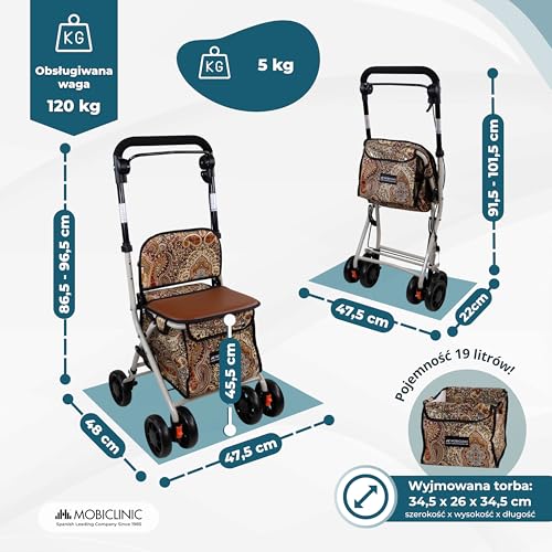 Mobiclinic®, Wózek Spacerowy Składany, Wózek na Zakupy z Siedziskiem, 21 L, Chodzik, Pojedyncza Dźwignia, Stal, Duży Kosz, Oparcie i Wyściółka, System Hamowania, Koła 360º, Coliseo