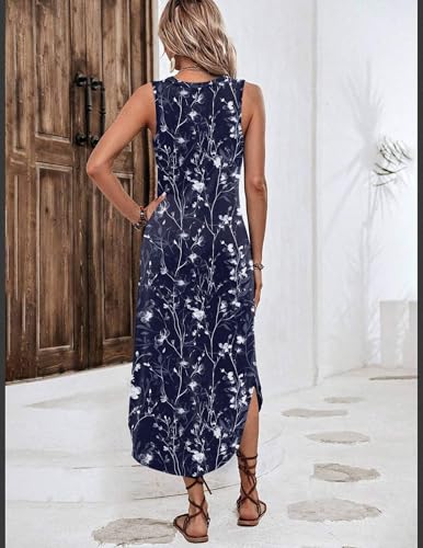 Image of Zeagoo Women Floral Summer Casual Beach Printed Tank Dress with Pockets Pleated Front Long Dress