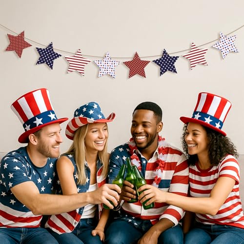 Image of 4th of July Decorations Wooden Red Blue and White Star Patriotic Garland Pre-Assembled Hanging Independence Day, Memorial Day, Veterans Day Banner for Mantle, Fireplace, Wall, Party Supplies