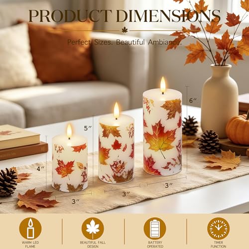 Image of JOIONE Maple Leaf Flameless Pillar Candles with Remote, 3 Pack Fall Decor | Battery Operated LED, Maple Leaf Design, Real Wax, Remote Control, Warm Flickering Glow, Safe Fall Home & Party Decor
