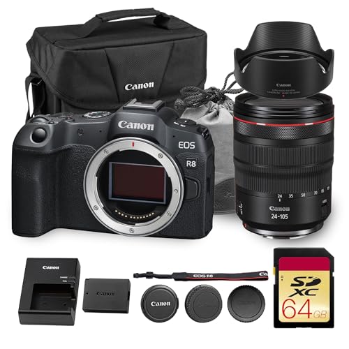 Image of Canon EOS R8 Mirrorless Camera | 24.2MP Full Frame Sensor 4K 60p Video | Compact Lightweight Hybrid Camera for Travel and Content (5803C002) + Canon RF 24-105mm Lens + 64GB Card + Bag