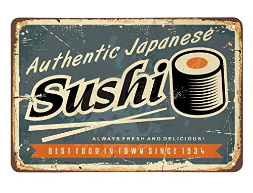 AOYEGO Sushi Tin Sign,Scratch Food Delicious Japanese Fresh Rice Roll Snack Restaurant Vintage Metal Tin Signs for Cafes Bars Pubs Shop Wall Decorative Funny Retro Signs for Men Women 8x12 Inch