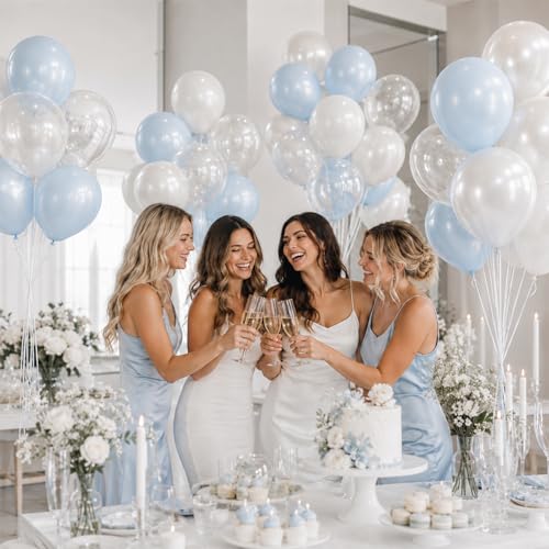 Image of Blue and White Balloons, 12 Inch Blue White Clear Balloon, Pastel Blue