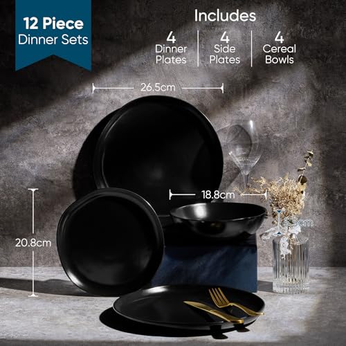 Homikit 12-Piece Dinner Set, Reactive Glaze Stoneware Dinnerware for 4 People, Irregular Shape Plates and Bowls, Non-Toxic & Scratch Resistant, Microwave and Dishwasher Safe - Obsidian Night - Image 3
